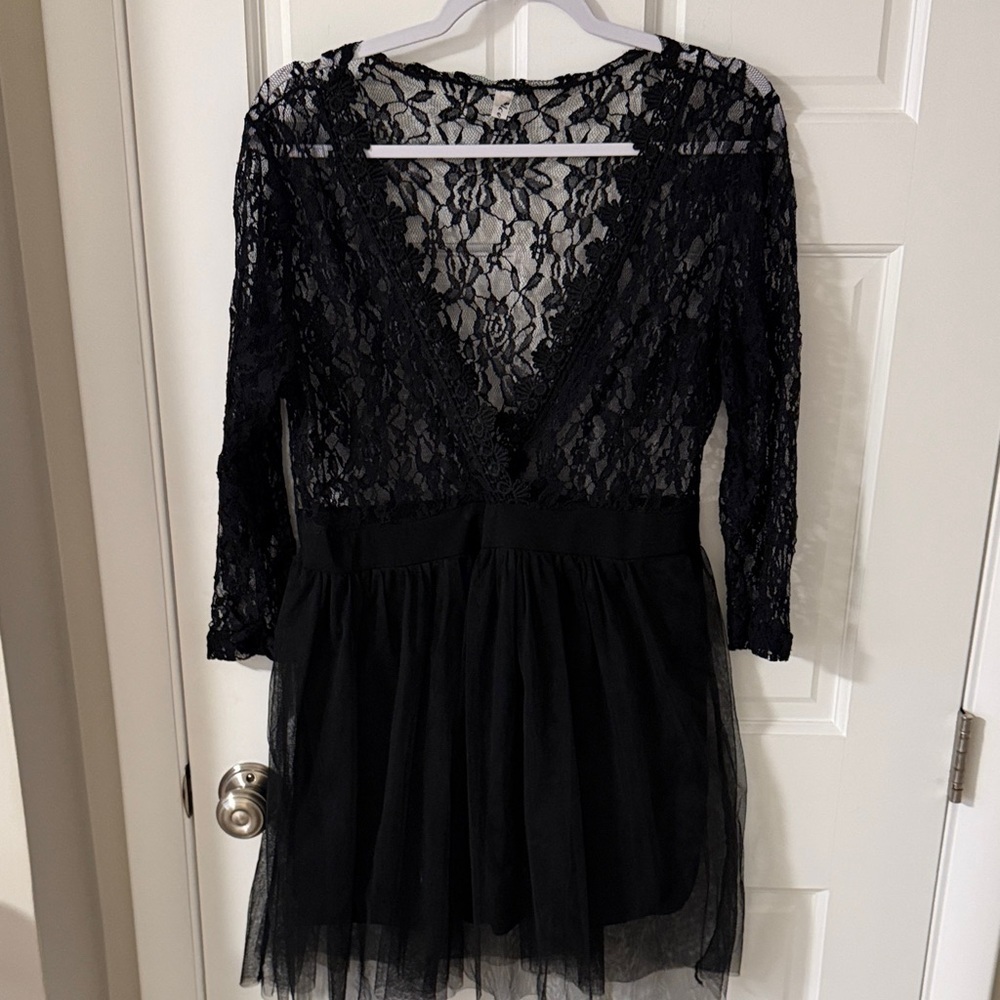 Black Sheer Lace Bodice Tulle Skirt Mini Dress Whimsigoth Dark Feminine Size XXL